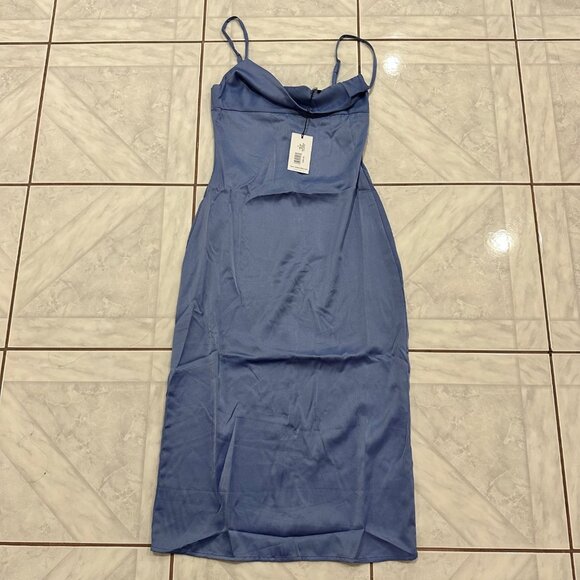 NWT WeWoreWhat Revolve Blue Slate Periwinkle Satin Midi Cowl Neck Dress Size 0 - Picture 4 of 12
